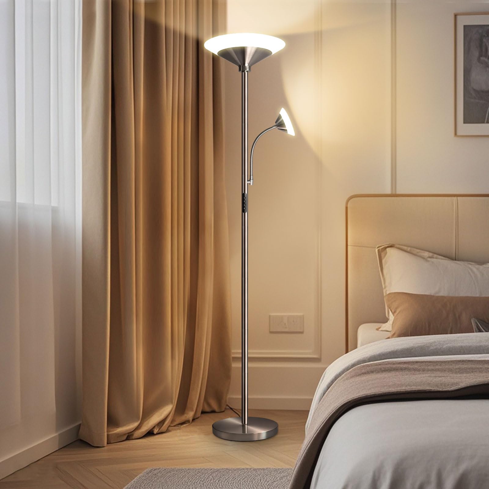 BBHome Stehlampe Wohnzimmer LED, 27W Deckenfluter LED Dimmbar mit 6W leselampe, 3000K-6500K Moderne Dimmbar Stehlampe mit Fernbedienung & Berührung für Wohnzimmer, Schlafzimmer, Büro (silber)