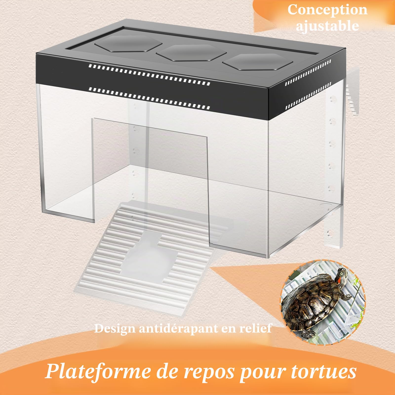 Plateforme de repos pour tortues à hauteur réglable suspendue avec couvercle et rampe, 25×16×16 cm, petit enclos d'aquarium transparent en PC au-dessus du réservoir pour bébés tortues terrestres
