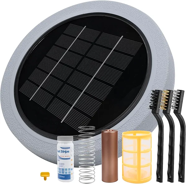Solar Pool Ionizer - Enhanced with Latest Solar, 90% Less Chlorine, for Pools up to 45,000 Gal, Technology & Longer-Lasting Anode, Reduces Chlorine- Mineral-Based Pool Cleaning Device （Gray）