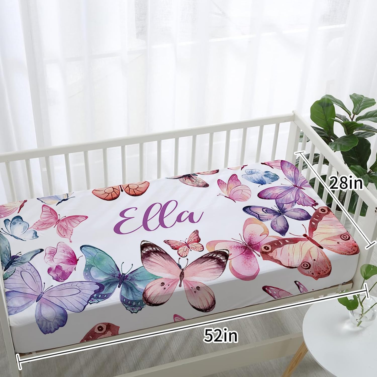 Personalized Baby Crib Bedding Set, Custom Name Pink Butterfly Design Nursery Bed Set 4 Piece, Baby Blanket Fitted Sheet Nursery Rug Wall Art Set, Custom Room Decor Idea Gift for Newborns Girls