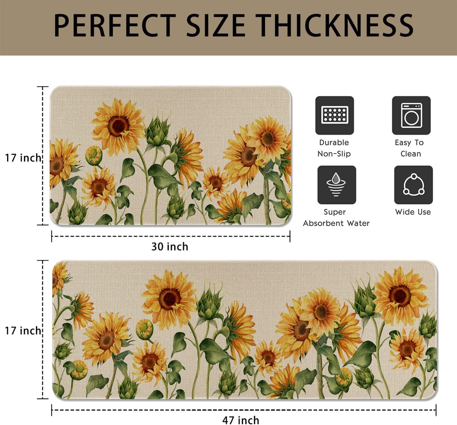 Sunflowers Kitchen Rugs and Mat Set of 2, Farmhouse Style Kitchen Mats for Floor,Non-Slip Kitchen Sink Rug Spring Summer Decor Doormat+Runner Rug