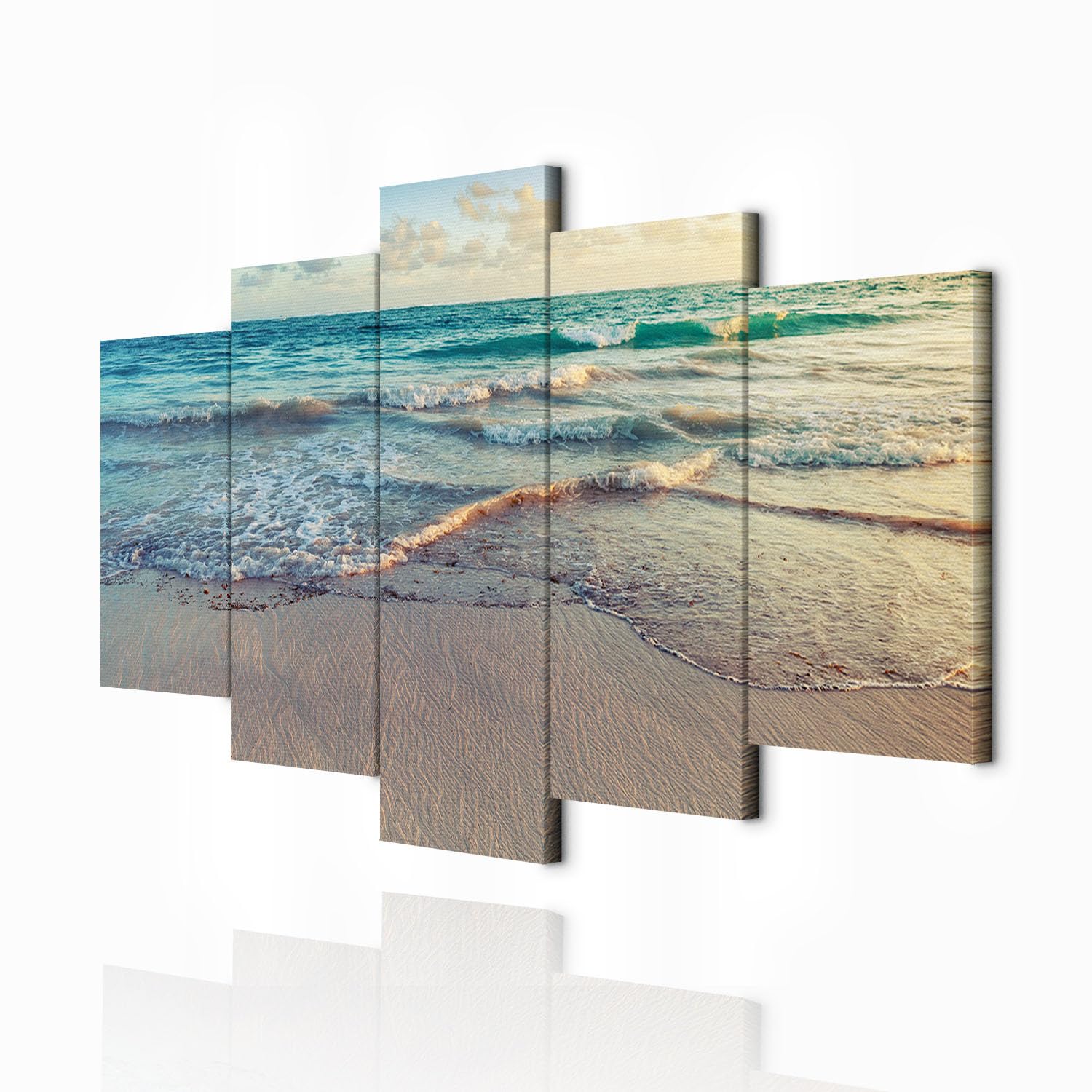decomonkey - Impression sur Toile Paysage Mer Plage 150x75 5 Pièces - Tableau Décoration Appartement Cadre en Bois Déco Salon Peinture sur Toile Nuages vagues mer ciel sable plage tropical eau