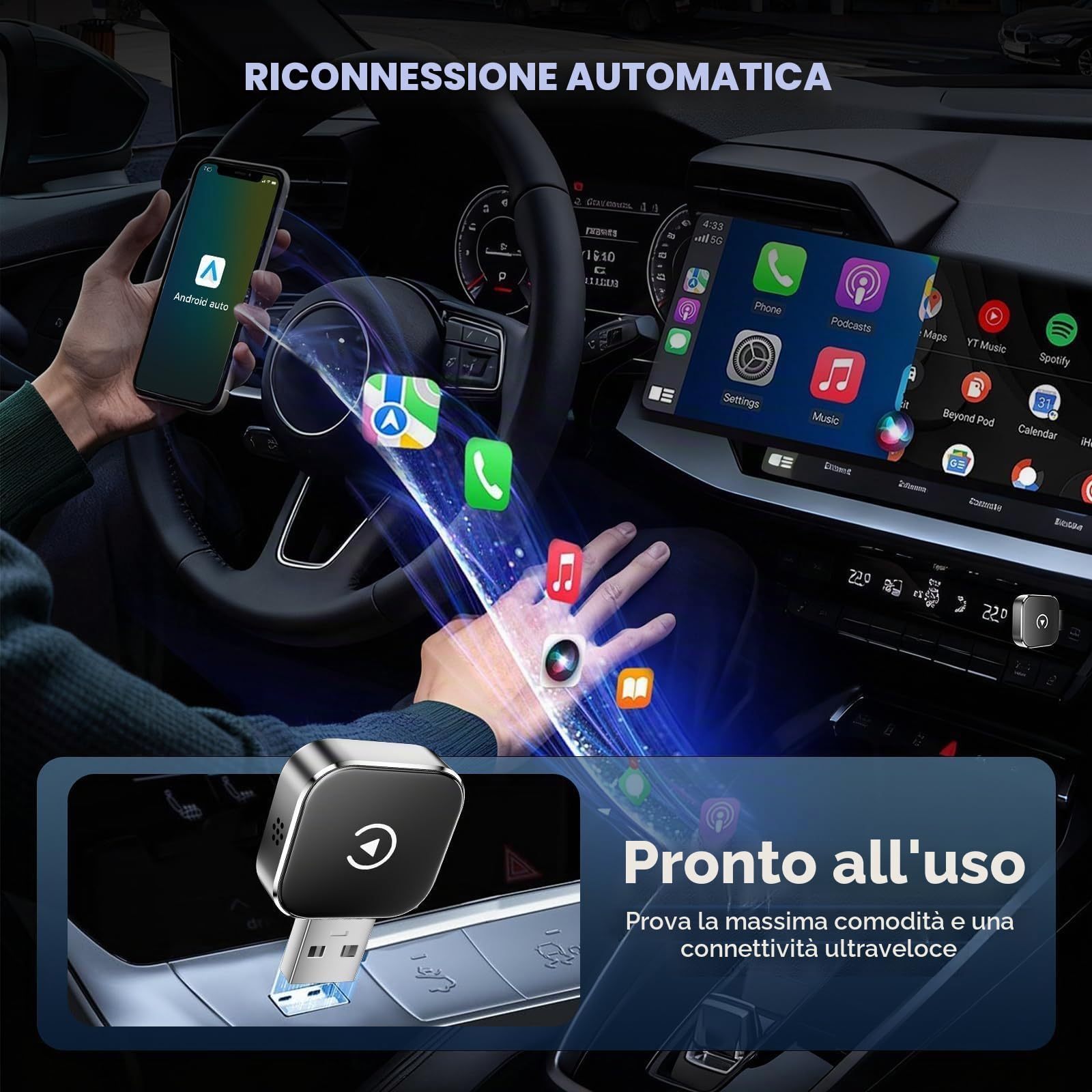 2026 Adattatore Wireless Carplay & Android Auto 2 in 1, Adattatore Android Auto WiFi 2,4+5,0 GHz, Plug and Play, Connessione Bluetooth 5.0 Stabile, USB C/A, Compatibile Con Telefoni IOS 10+ E Android