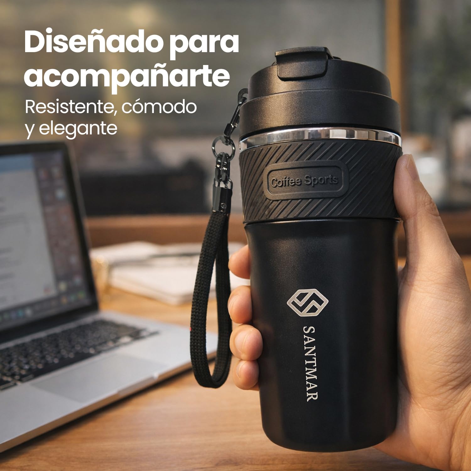 Gobelet isotherme pour café chaud et froid, 500 ml, acier inoxydable avec revêtement en céramique, double paroi sous vide, sangle de transport et 2 façons de boire