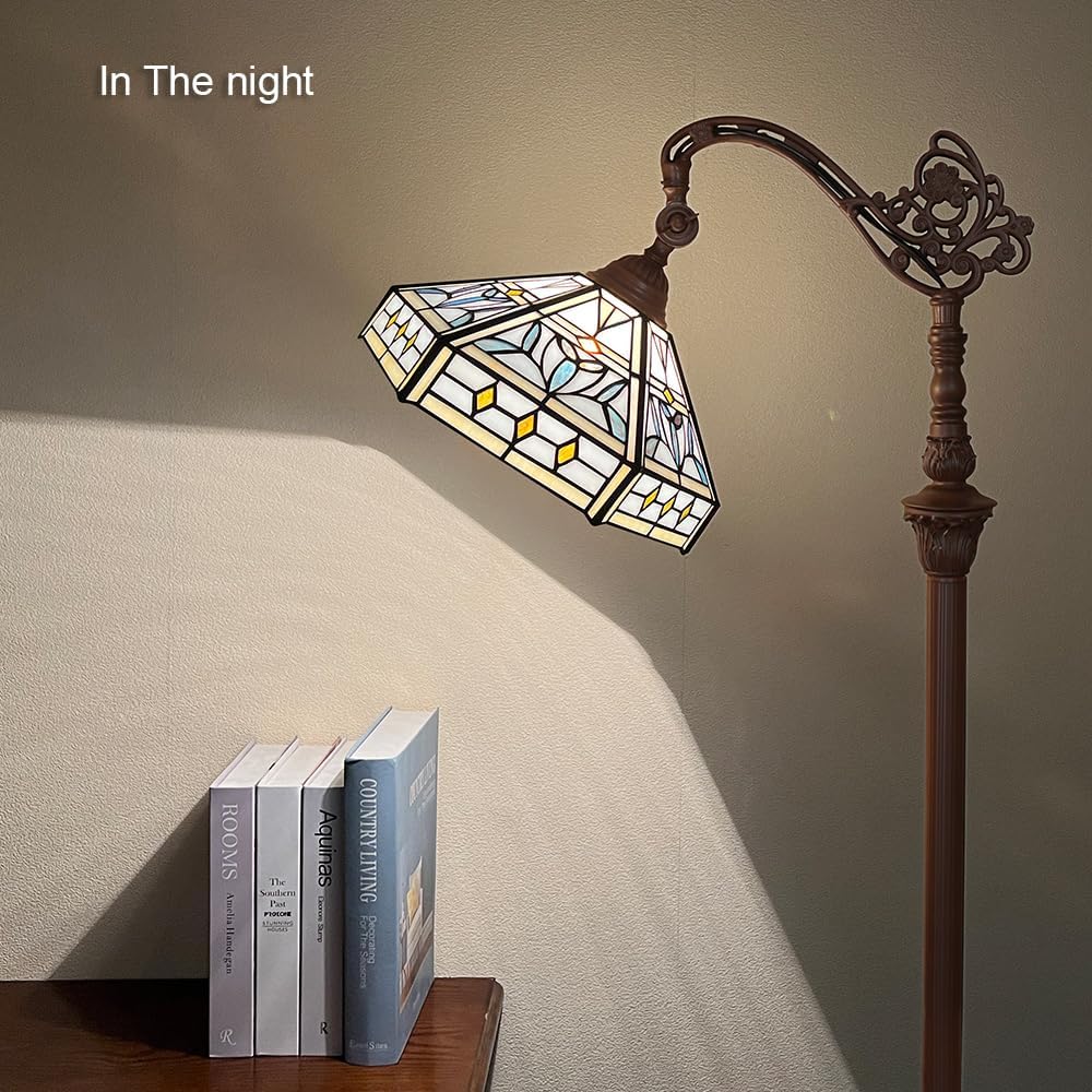 Capulina Tiffany Lamp Stained Glass Floor Lamp 62 Inches Tall Mission Hexagon Virgin Soft Light Arched Adjustable Angle Tiffany Style Reading Floor Lamp for Living Room Bedroom Home Office