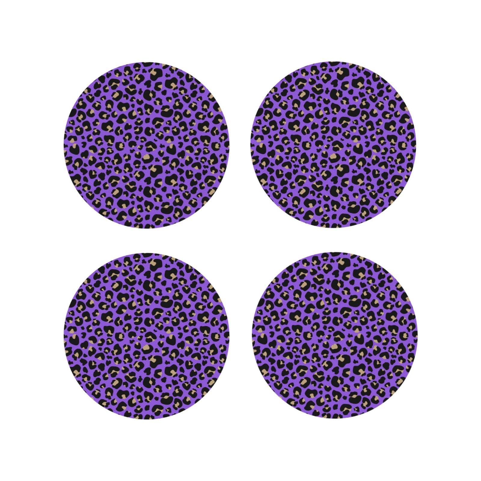 Smazdfxx Women's As Pic Leather Coasters Set Of 4 - Purple Leopard Print Fashion Lightweight Drink Coasters For Desk