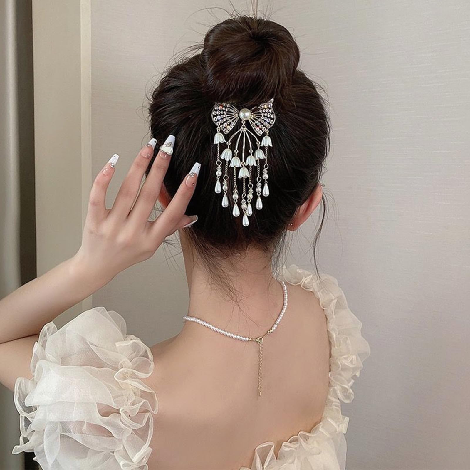 NICENEEDED Pearl Tassel Ponytail Hair Clip, Rhinestone Buckle Hairpin - Image 3