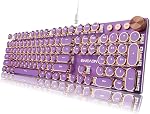 EWEADN Typewriter Style Mechanical Gaming Keyboard, Wired Mechanical Keyboards,104 Keys Backlit LED Keyboards, Media Control Knob, Wired Keyboard Pink Switch-Purple