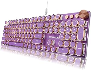 EWEADN Typewriter Style Mechanical Gaming Keyboard, Wired Mechanical Keyboards,104 Keys Backlit LED Keyboards, Media Control Knob, Wired Keyboard Pink Switch-Purple