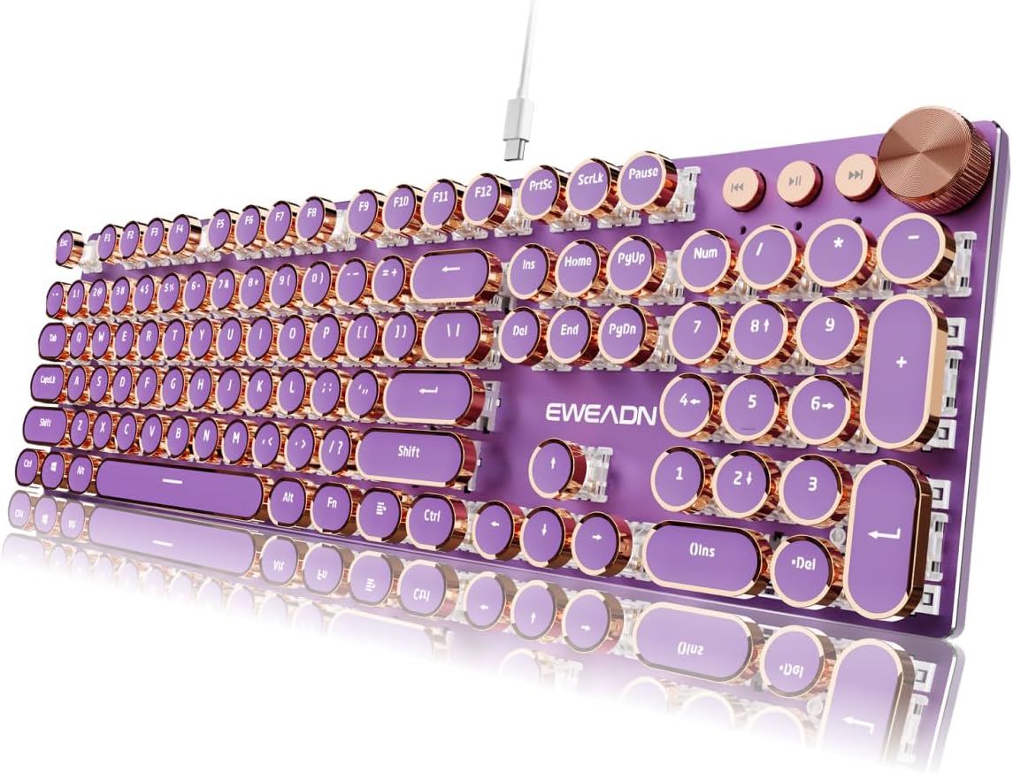 EWEADN Wired Typewriter Mechanical Keyboard, Low Noise Pink Switch Retro Punk Keyboard with Media Knob, White Backlit, Metal Panel, 104-Key Round Keycaps Cute Keyboard for Windows PC -Purple