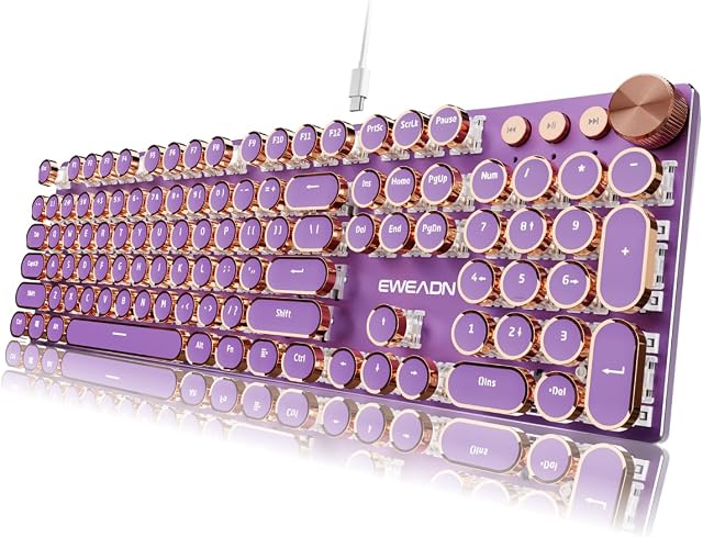 EWEADN Typewriter Style Mechanical Gaming Keyboard, Wired Mechanical Keyboards,104 Keys Backlit LED Keyboards, Media Control Knob, Wired Keyboard Pink Switch-Purple