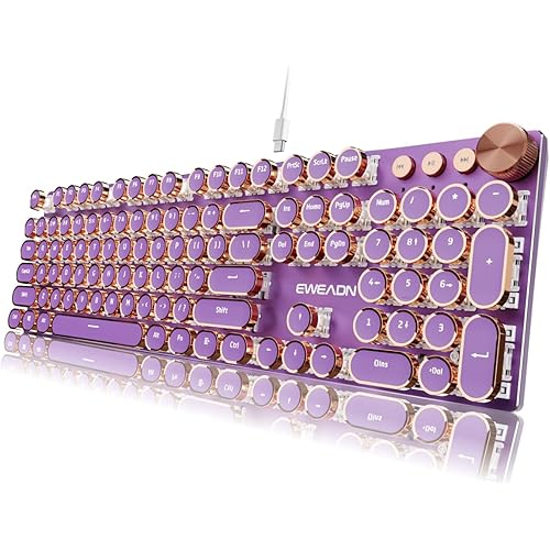 EWEADN Typewriter Style Mechanical Keyboard, Wired Typewriter Keyboards,104 Keys Backlit LED Metal Keyboards, Media Control Knob, Wired Computer Keyboard Pink Switch for Windows/Mac/PC-Purple