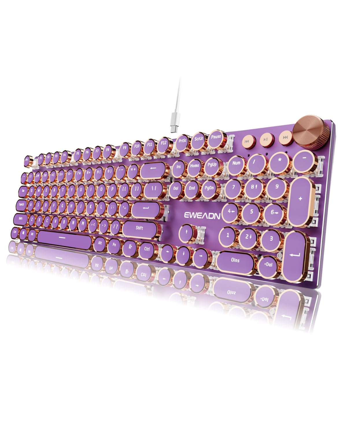 EWEADN Typewriter Style Mechanical Keyboard Wired Typewriter Keyboards 104 Keys Backlit LED Metal Keyboards Media Control Knob Wired