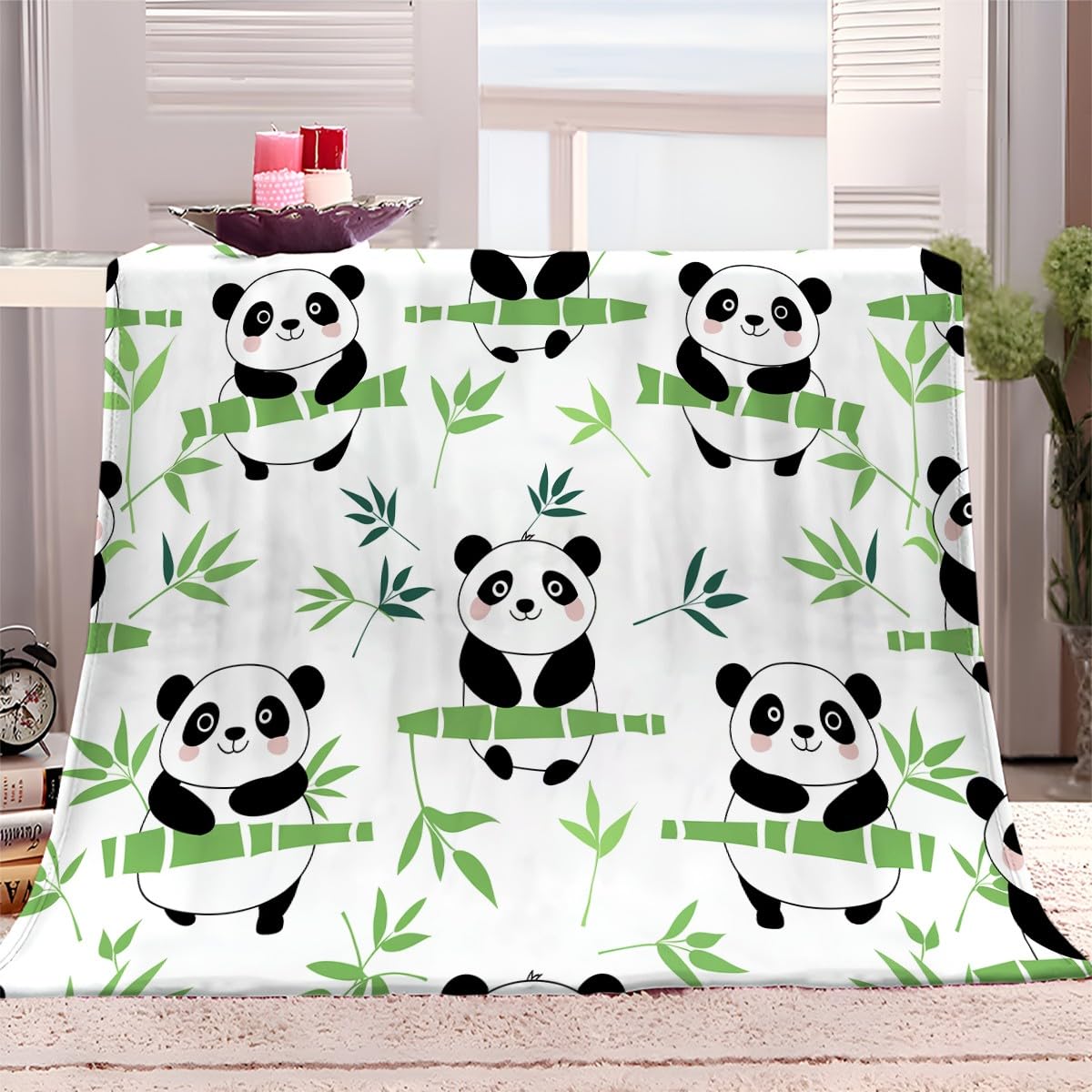 Plaid Couverture Polaire Dessin Animé Panda Géant Bambou Vert 220x240 cm Couverture Flanelle pour Lits Canapés, Couverture Sherpa Douce Et Chaude, Couverture Imprimée Enfants et Adultes
