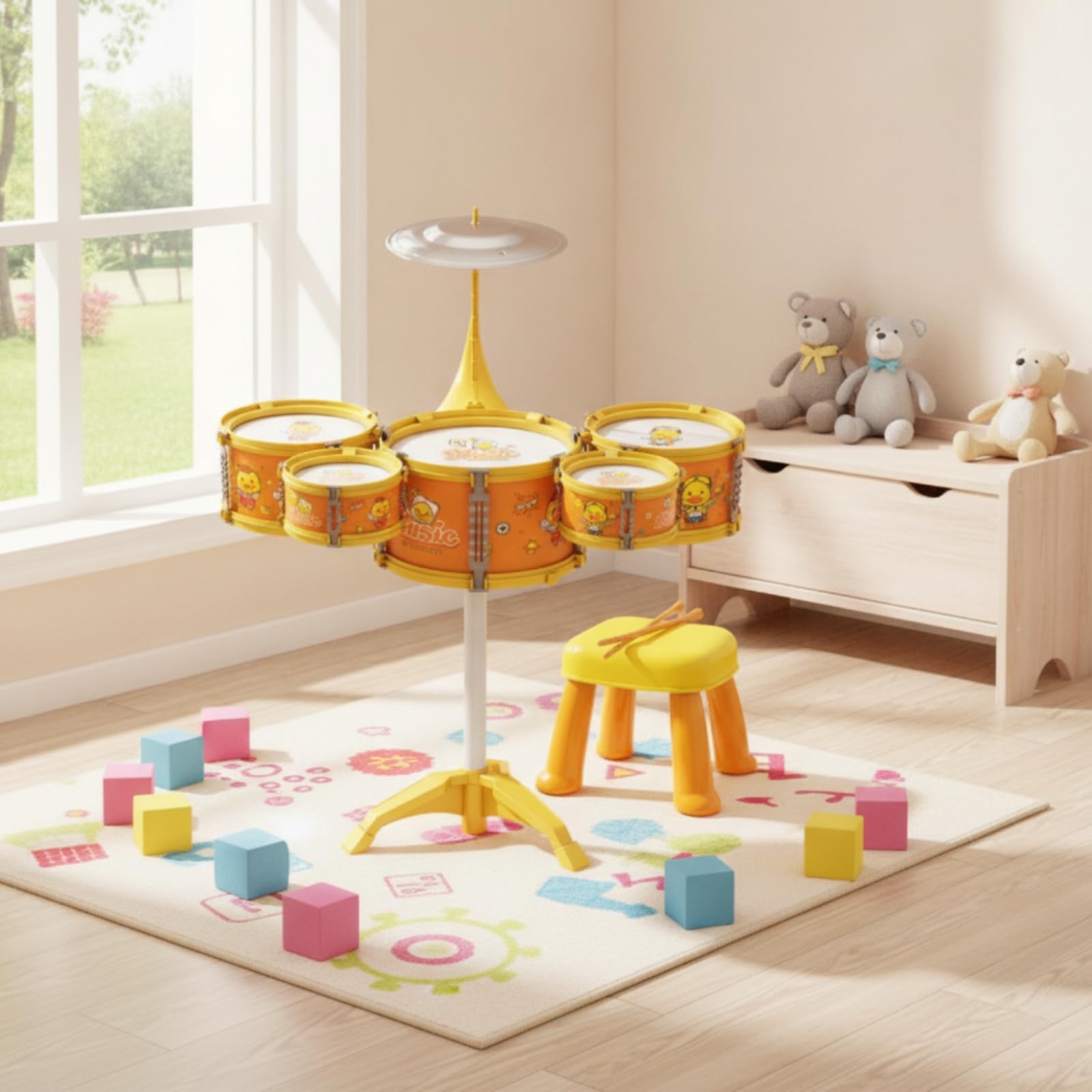 Colcolo Batería Infantil de Juguete Set de Percusión Kit Musical Tambor para Niños con Superficie Inclinada 30 Grados y Platillo , Batería De Juguete con Diseño De Capibara