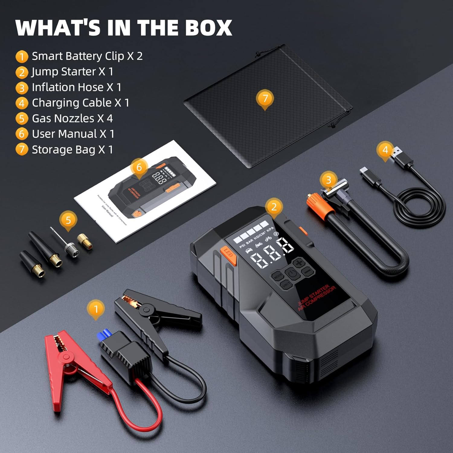 10-in-1 Portable Car BatteryJump Starter with Air Compressor 6000A 26800mAh 160PSI Jump Starter (All Gas/12L Diesel), 12V Jump Box Car Battery Jumper Starter Portable Jumper Cables, Lights - Image 8