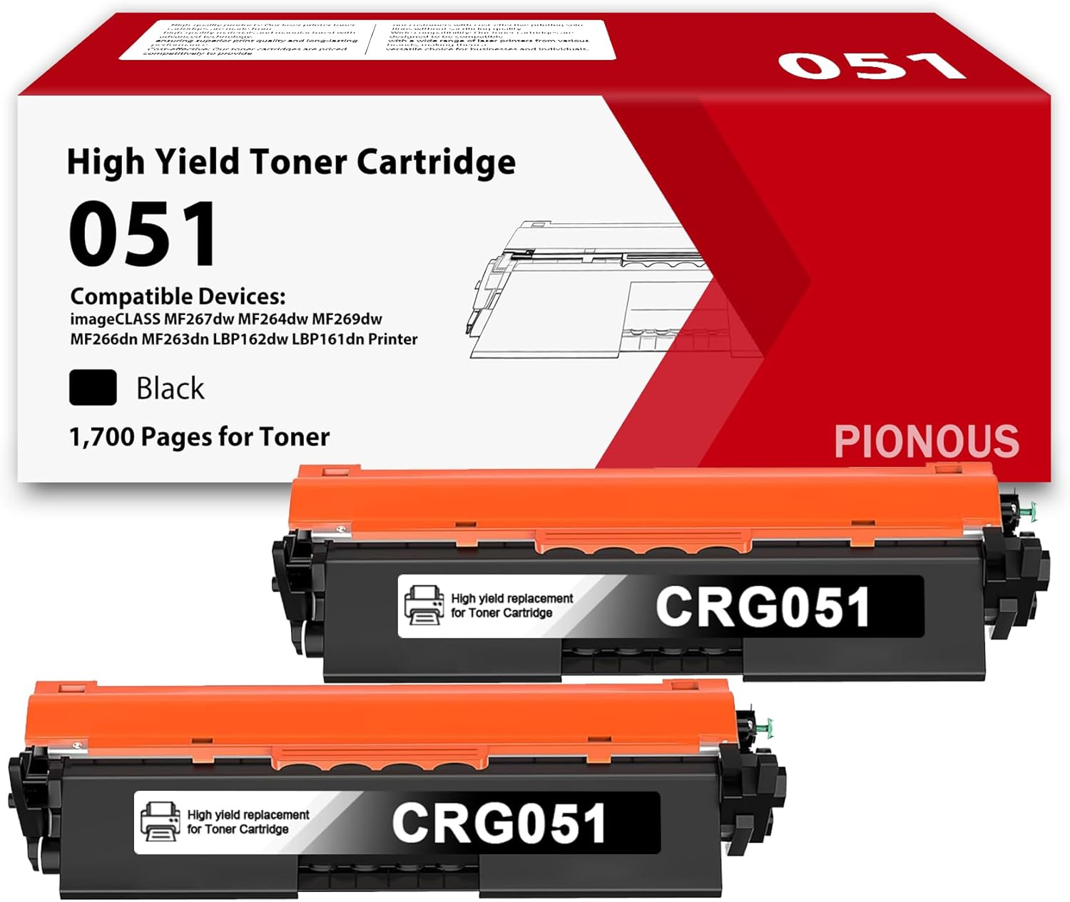 051 Black Toner Cartridge 2-Pack Replacement for Canon CRG051 CRG-051 051H CRG051H for imageCLASS LBP162dw, MF264dw, MF267dw, MF269dw, MF260, LBP160 Series Printer
