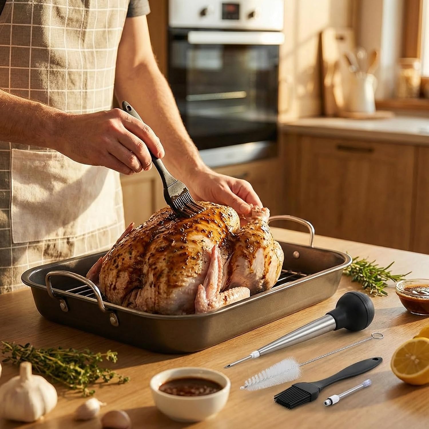 Chicken Roasting Pan with Dropper Set Non-stick Roaster with Rack Silicone Basting Brush Stainless Steel Seasoning Dropper All-in-one Kit for Home Grilling Baking Family Gatherings