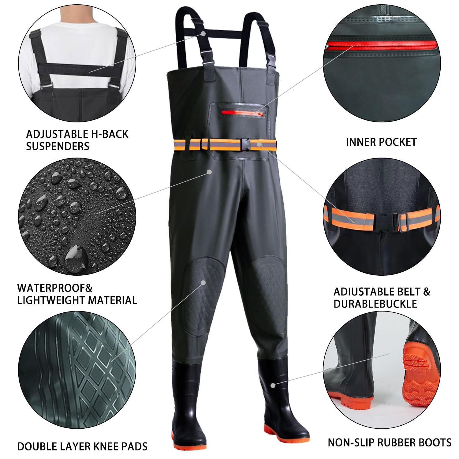 ZeiLaBang Kakadi Waders pour homme et femme - Pantalon de pêche avec bottes, poche poitrine et sangle réglable
