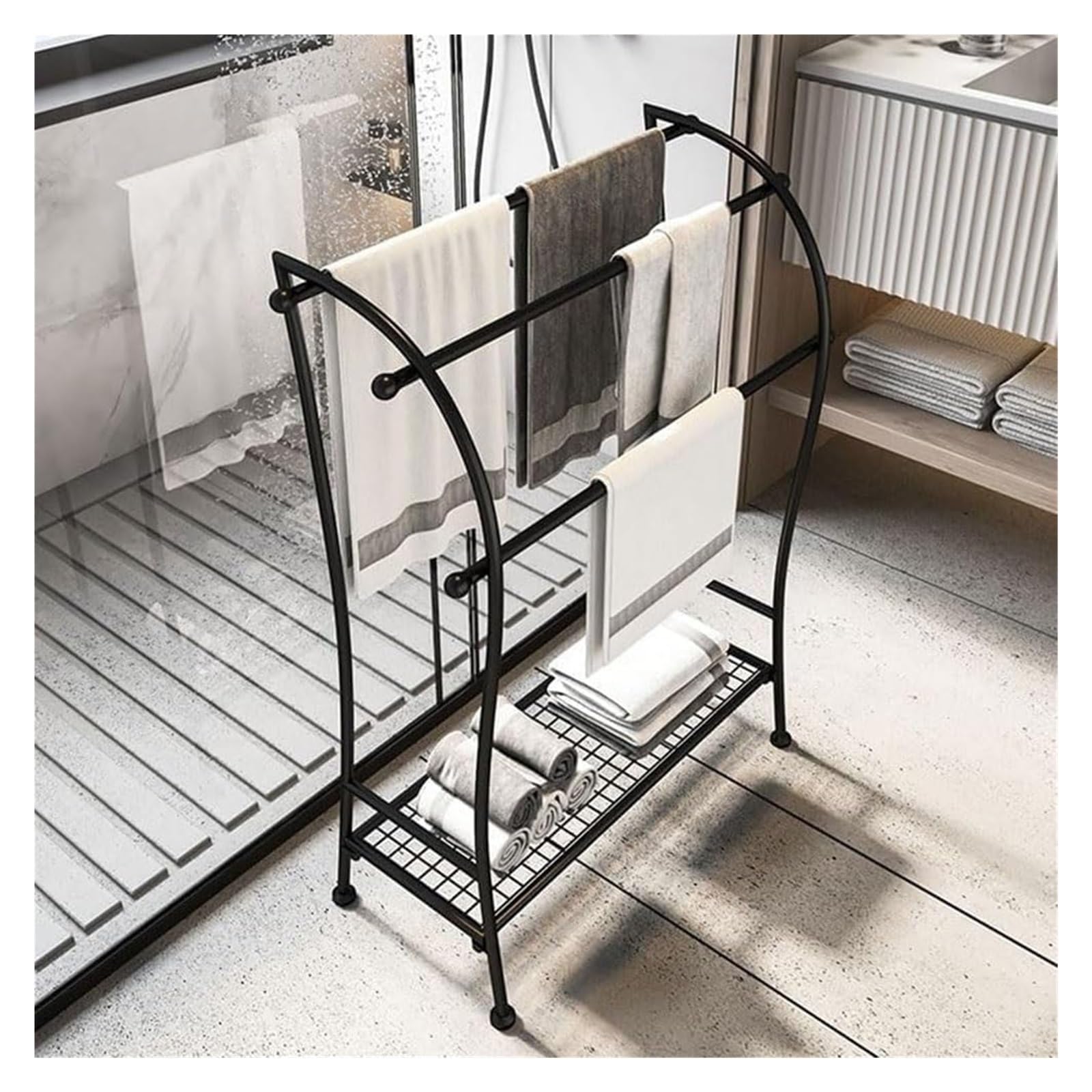 Perchero independiente dorado de 3 niveles para toallas y mantas, de metal, para baño, dormitorio, playa, gimnasio y zona de piscina, solución de almacenamiento elegante