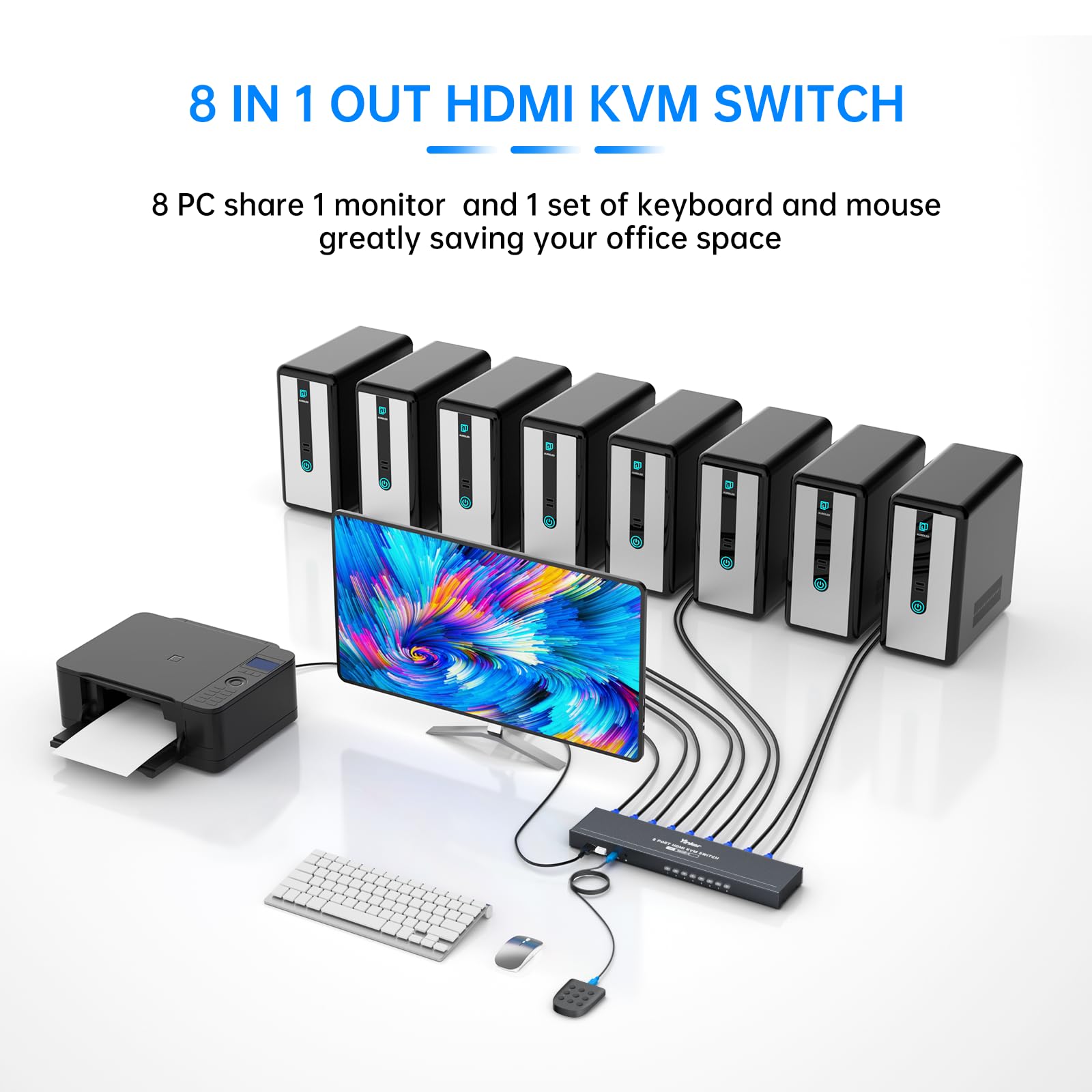 Conmutador KVM HDMI 8 Puertos Yinker 4K @ 30Hz Rack USB HDMI Consola KVM 8 en 1 Salida con 9 Cables 4 Hub USB 2.0 Selector de Escritorio Control Remoto IR y Orejas