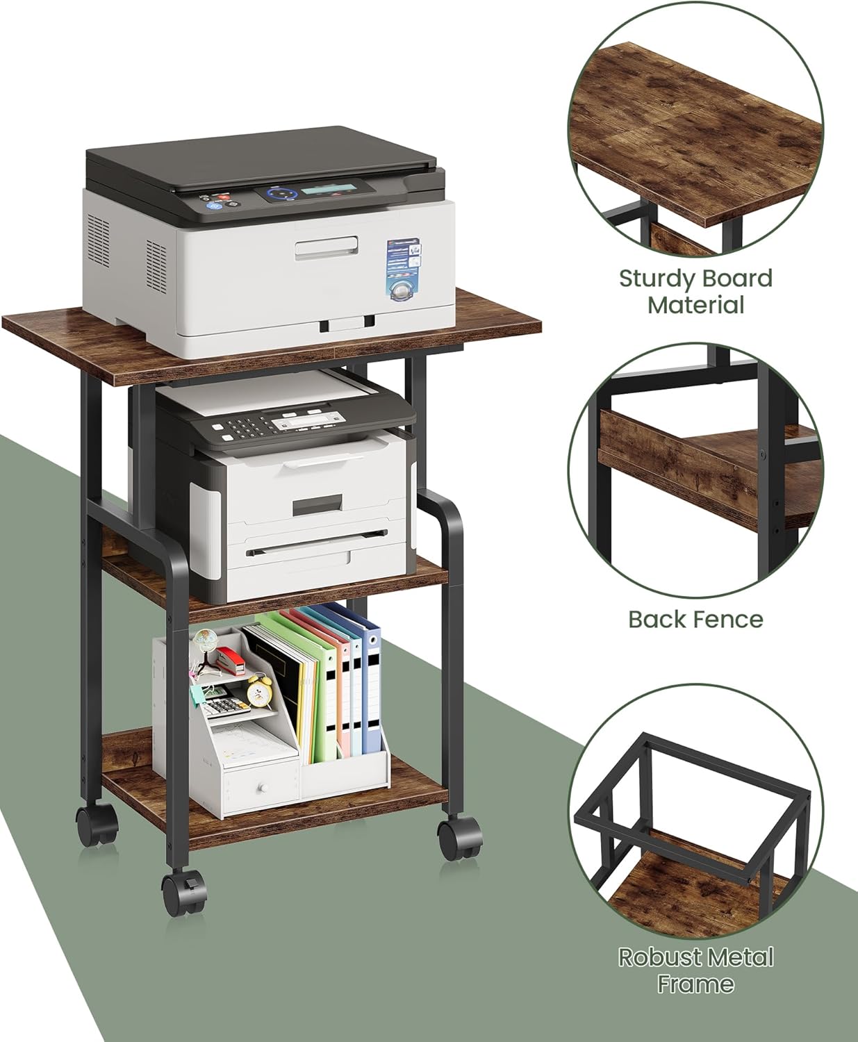23.6-in Printer Stand with Storage, 3-Tier Printer Table for Home Office, Printer Cart Under Desk Storage, Suitable for Study, Kitchen, Living Room, Rustic Brown and Black TPS02BF