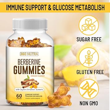 Berberine Supplement- Gummies Berberine with Ceylon Cinnamon & Turmeric for Immune Support- Berberine Glucose Support Supplement with Delicious Orange Flavor- 60 Gummies