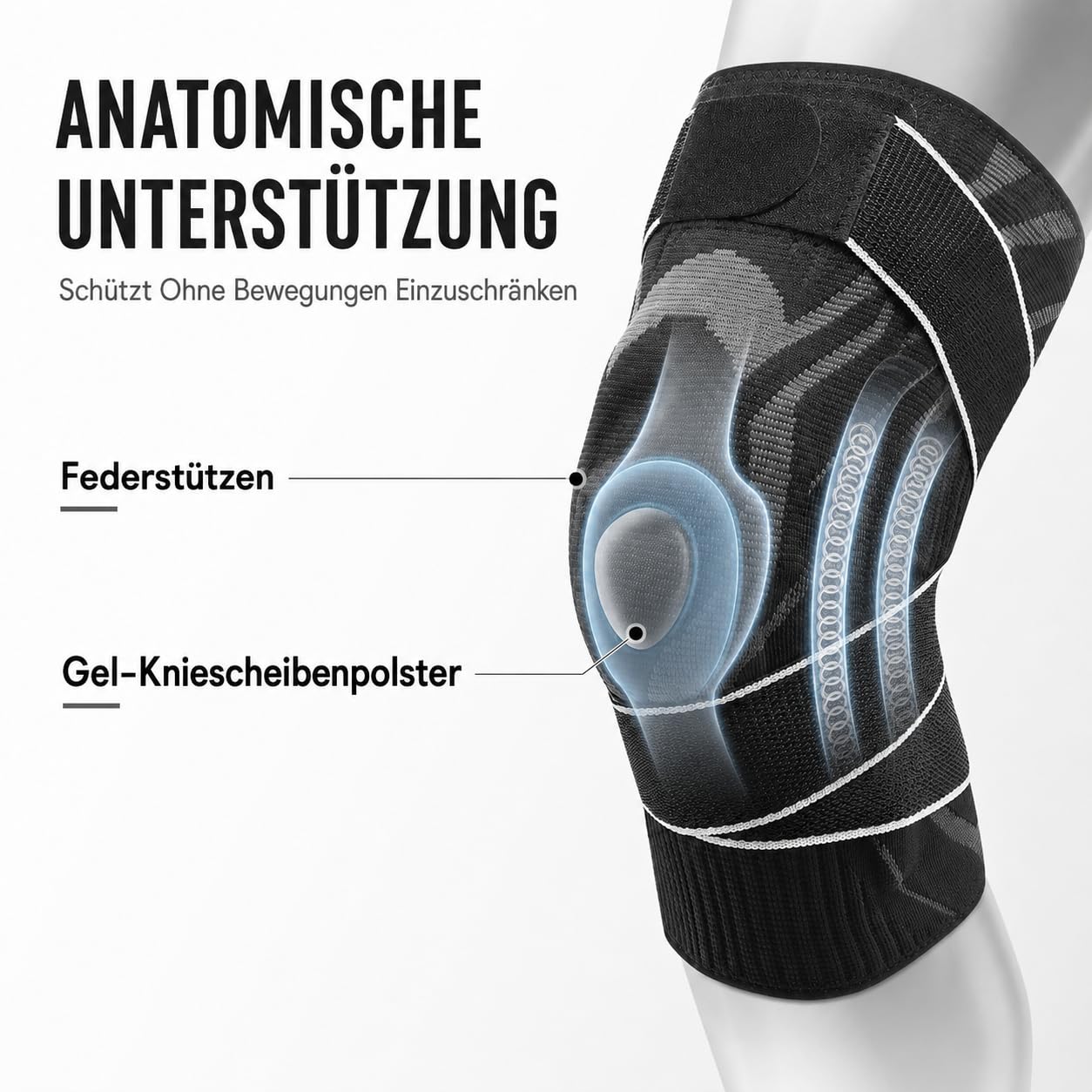 Anaconda Knee Brace Mit Drehverschluss, Einstellbare Kniebandage Mit Seitlichen Federn und Gel Patella Polster, Rutschfeste Kompressionsbandage Für Sport und Alltag (Schwarz,L)