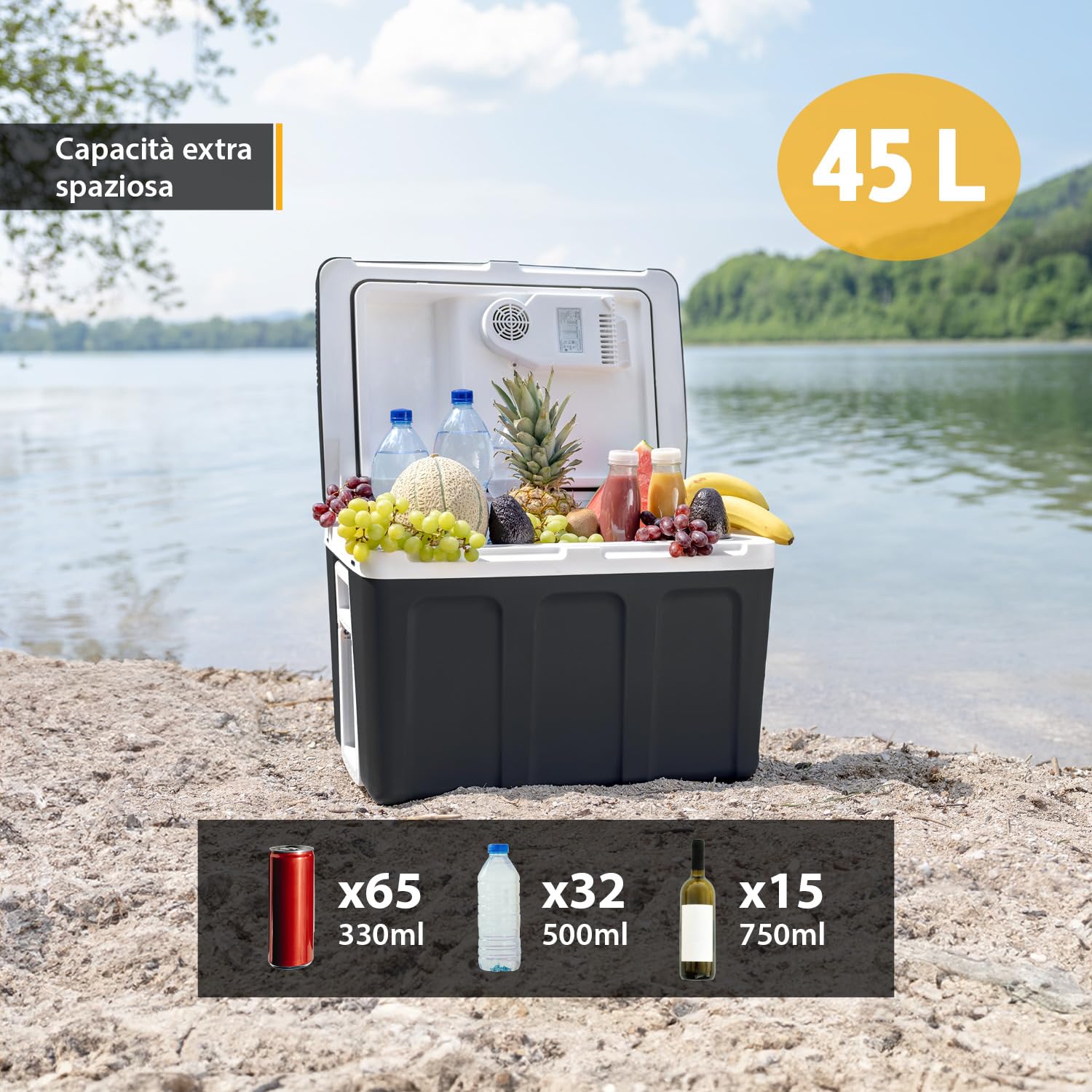 TZS First Austria - Frigorifero portatile 45L elettrico 12V 230V presa per auto e standard - Frigo termoelettrico raffredda e riscalda - Coolbox con ruote - Per campeggio, festival, viaggi - Nero