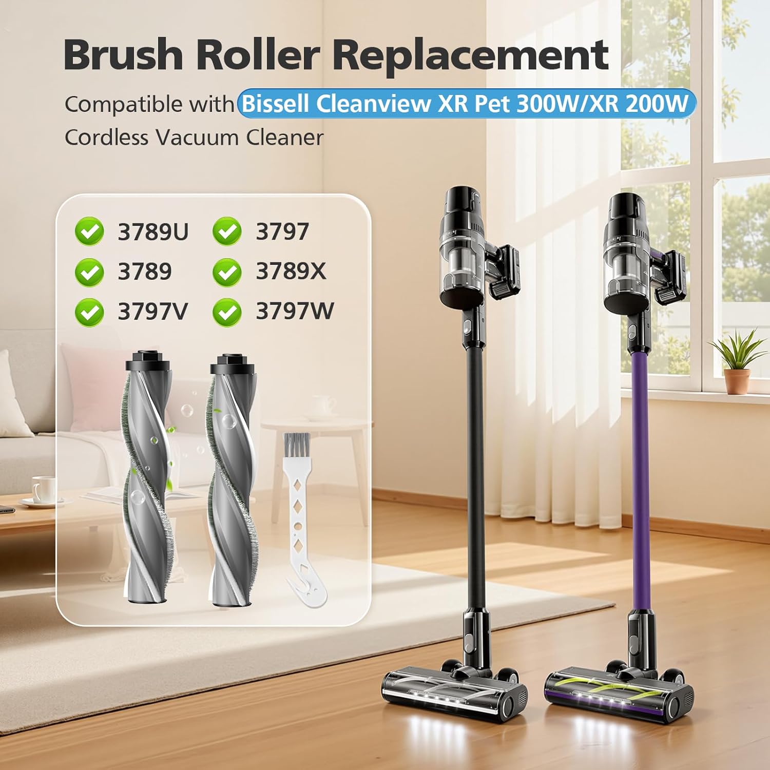 2 Replacement Brush Roll Bundle with 4 Replacement Filters Compatible with Bissell Cleanview XR Pet 300W / XR 200W / Powerlifter Turbo Cordless Stick Vacuum Cleaners