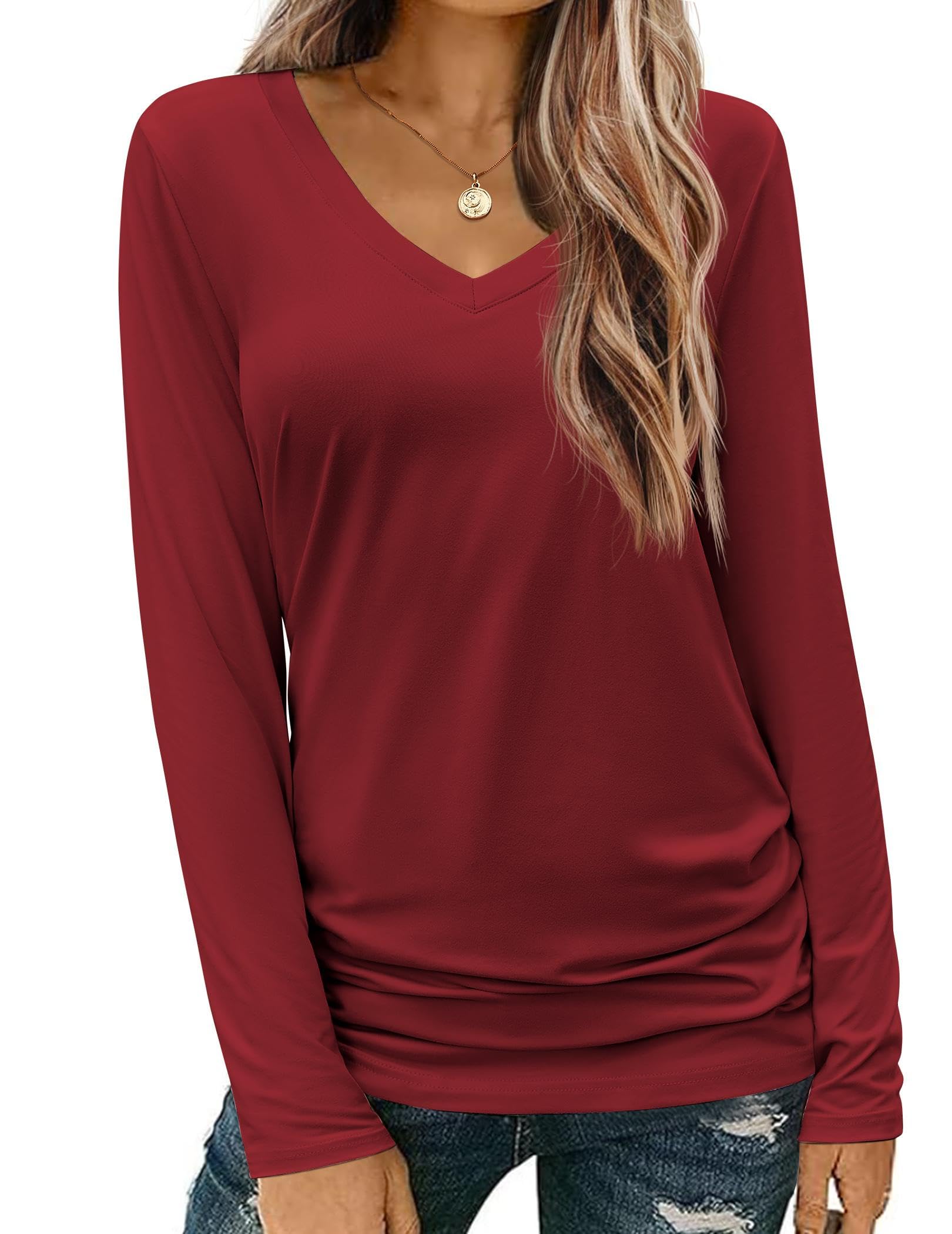 Zeagoo Womens T Shirts Long Sleeve V Neck Basic Tee Casual Loose Fit Soft Fall Tops Outfits 2026 S-XXL