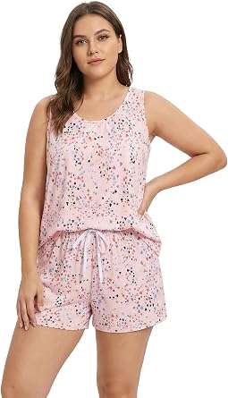 CHUNG Womens Cute Cotton Pajama Set Cartoon Tank Tee Shorts Sleepwear Summer Plus Size Stripe Shoties