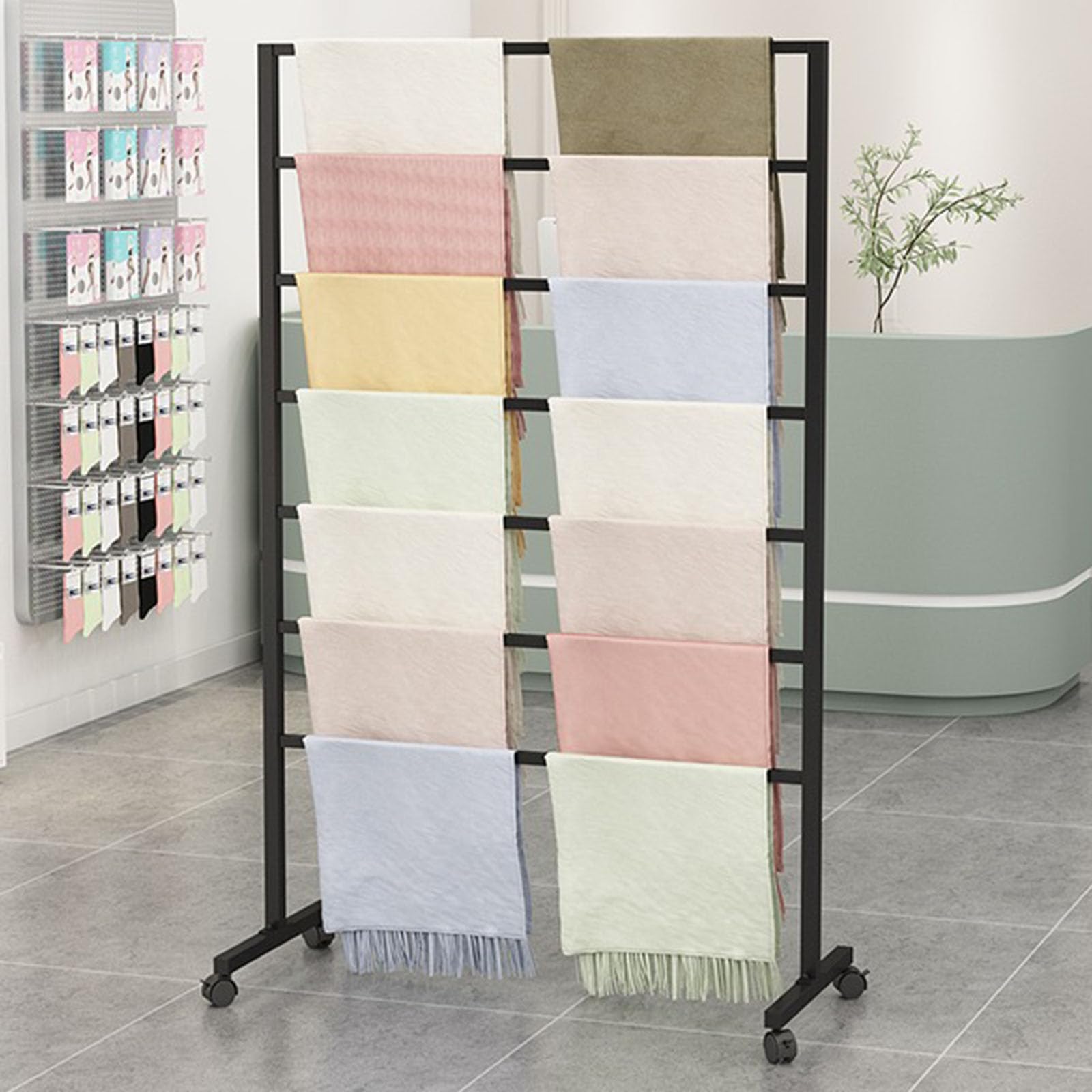 YNBSHGAA 7 Tier Metal Scarf Display Stand with Wheels, Freestanding Rack for Retail Store Use,Black-Length 120cm