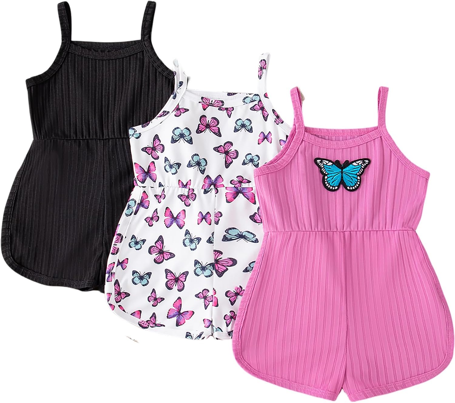 VARMILO 3-Pack Toddler Girl Sleeveless Romper - Butterfly Print Short Jumpsuit Summer Casual Outfit for Baby Girls
