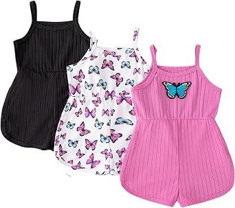 VARMILO 3-Pack Toddler Girl Sleeveless Romper - Butterfly Print Short Jumpsuit Summer Casual Outfit for Baby Girls