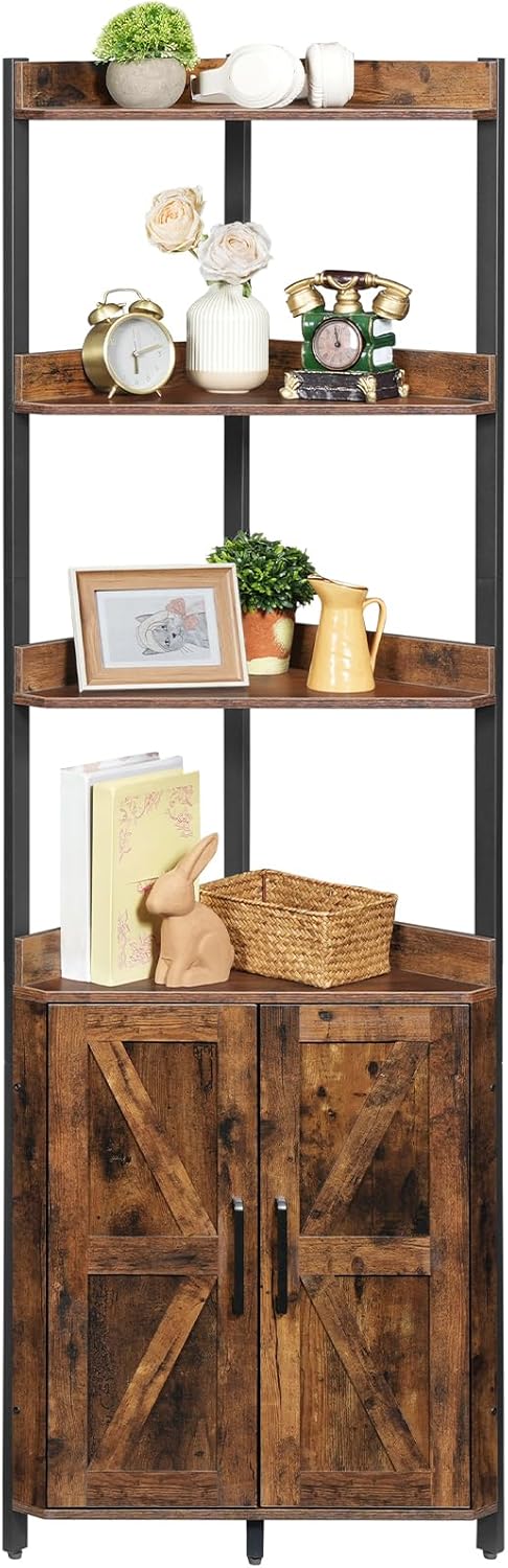 HOOBRO Corner Shelf with Storage, Tall Corner Cabinet, 5-Tier Bookshelf Stand, Storage Cabinet with Protective Fence, for Living Room, Rustic Brown and Black BF78CJ01 Rustic Brown + Black
