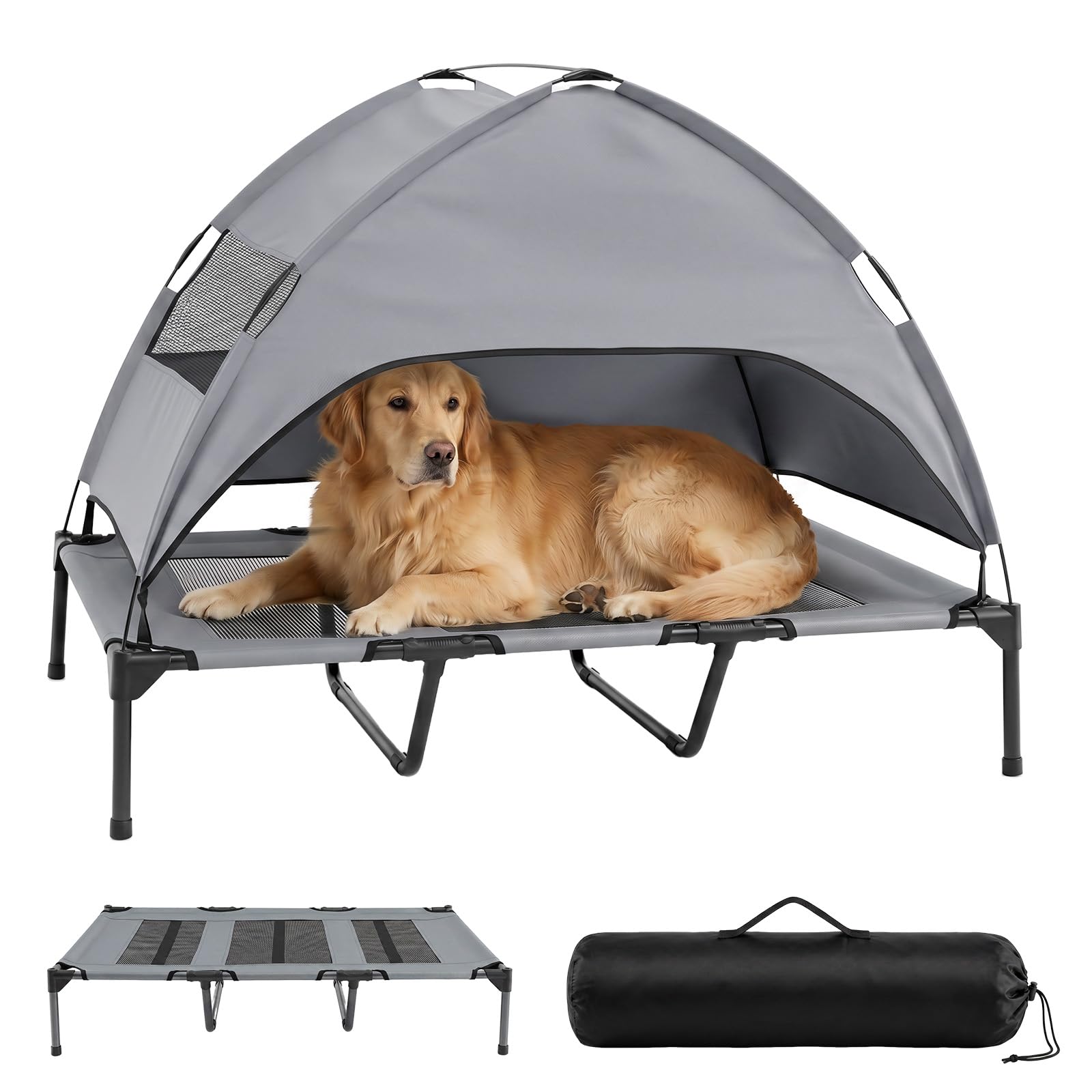 COSTWAY Raised Dog Bed, Elevated Pet Bed with Removable Canopy, Breathable Mesh & Carry Bag, Portable Off-Ground Cooling Dog Cot Tent for Camping Beach Lawn (122.5 x 91 x 95cm)