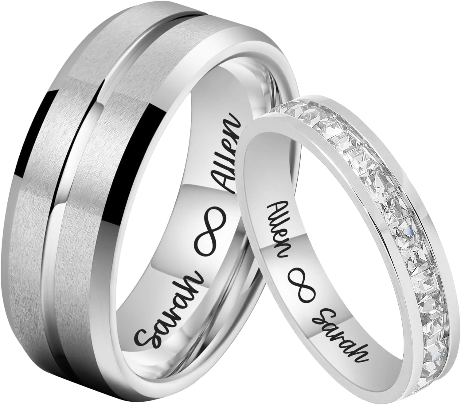 Personalized 3CT Matching Couple Rings Set, Custom Matching Promise Rings Stainless Steel with CZ Engagement Wedding Ring for Him and Her Inside Engraving Sparkling Center Stone Valentines Day Gifts