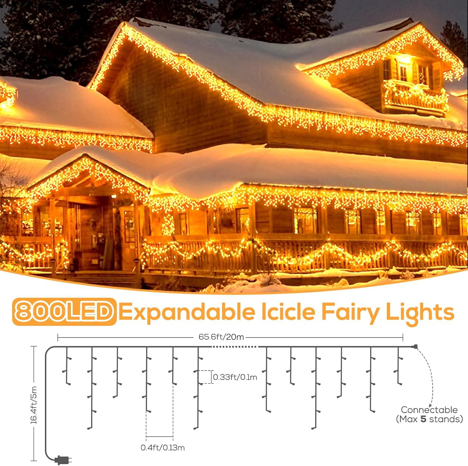 Elegear Tenda Luminosa Natale Esterno 20m 800LEDs, Luci Natale Esterno Cascata 8 Modalità con Memoria Impermeabile IP44 Tenda Luci Espandibile per Natalizie Finestra Balcone Patio Feste, Bianco caldo