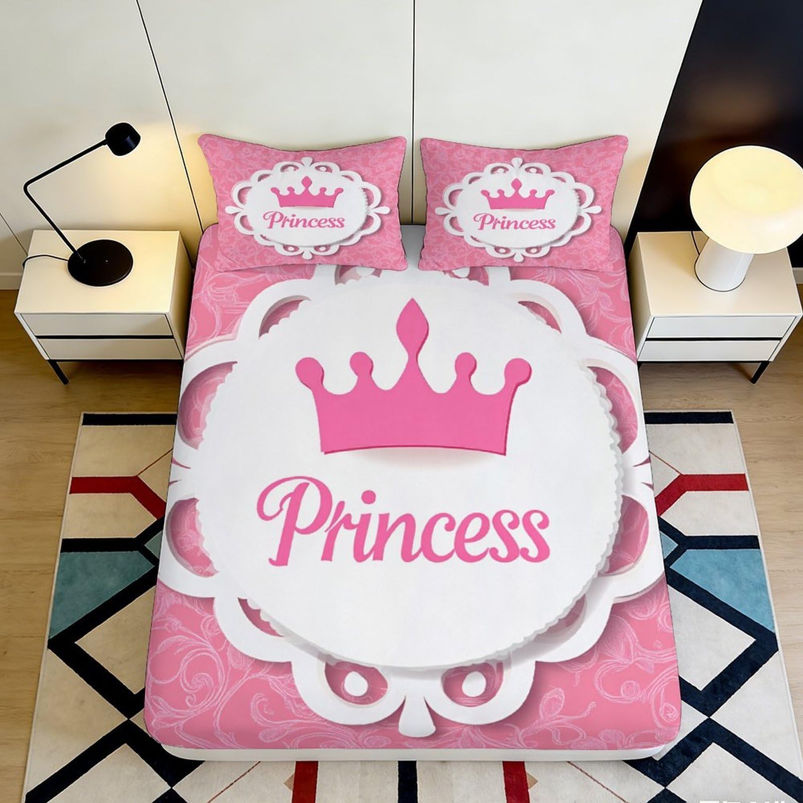 3D Printed Princess Pink Fitted Sheet Microfiber Soft Breathable Royal Crown Bed Cover for Bedroom Dormitory Guest Room Mattress Protection 90x200x25cm