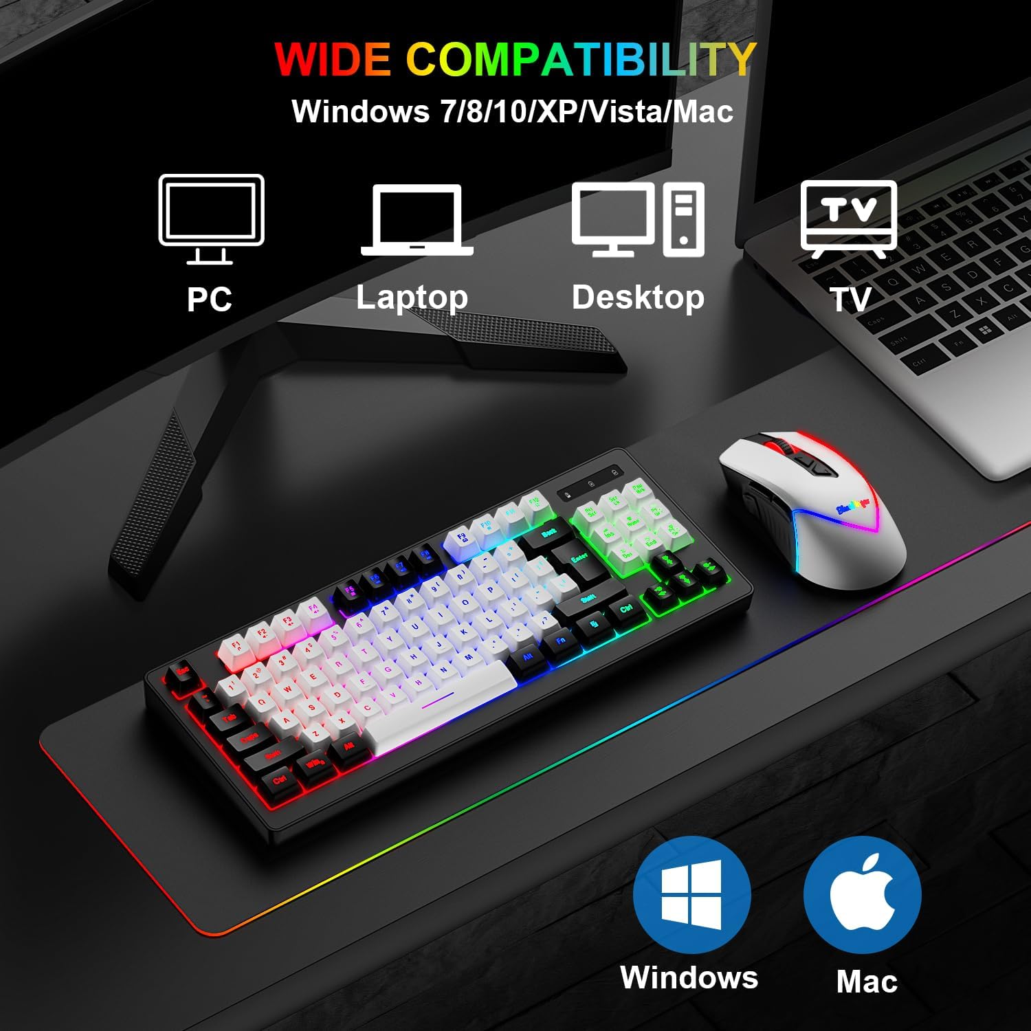 BlueFinger Wireless Gaming Keyboard and Mouse Combo, RGB Rainbow Backlit Rechargeable Battery, 87 Keys TKL Light Up Keyboard with Ergonomic Gaming Mouse for Mac Laptop Computer PC Gamer(Black & White)