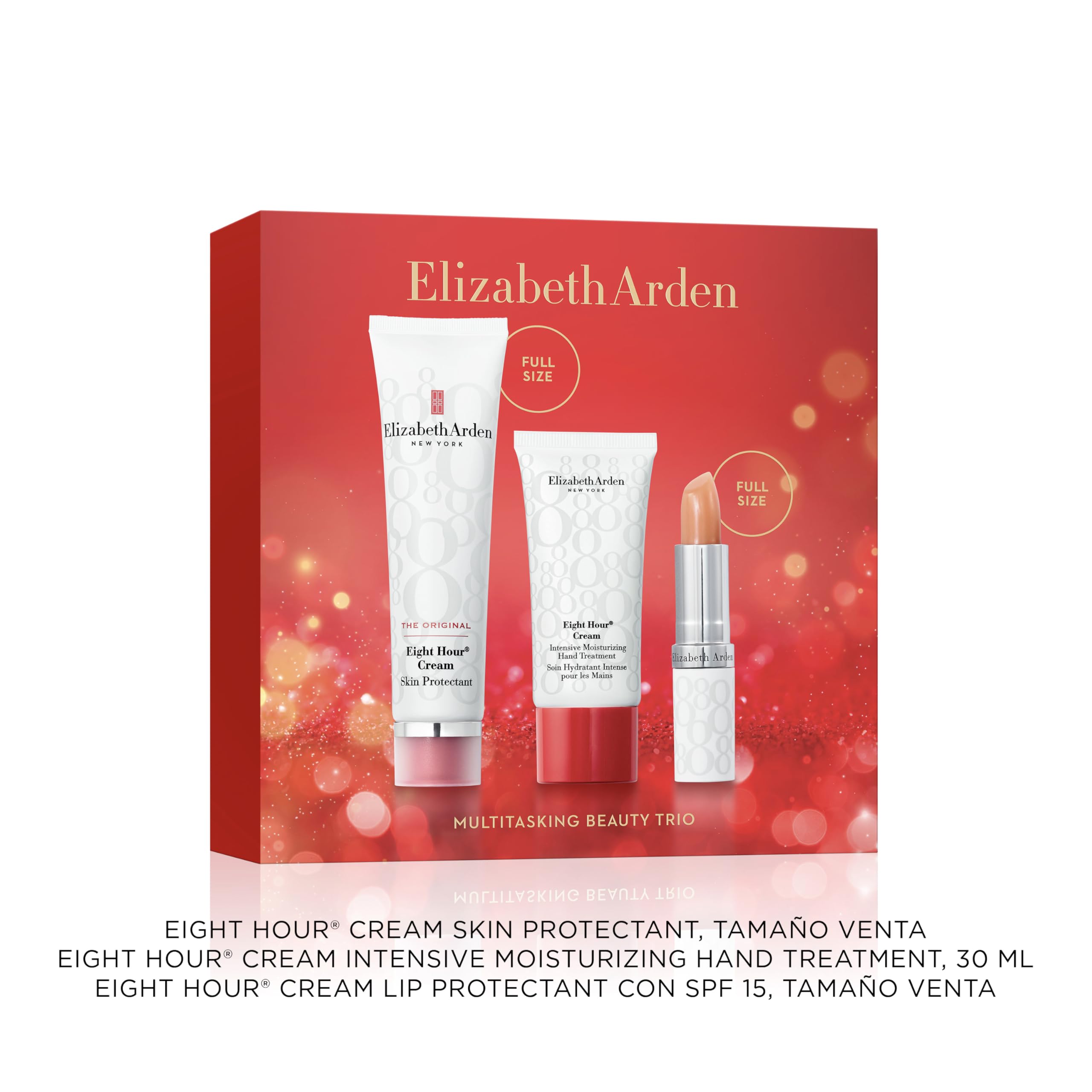 Elizabeth Arden - Eight Hour Nourishing Skin Essentials Caja Regalo 3 Piezas, Balsamo Labial Con Protector Solar SPF 15, Crema de Manos y Skin Protectant, Skincare para Regalos Originales Para Mujer