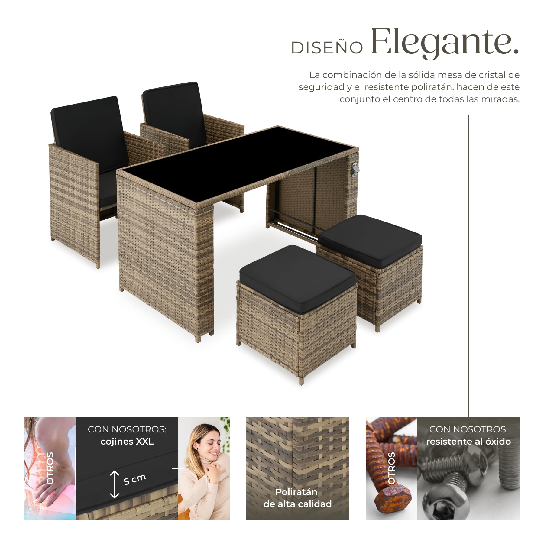 tectake® Conjunto Jardín Exterior de Ratán y Acero, Muebles Jardín Exterior Resistente a la Intemperie, 2 Sillones Plegables, 2 Taburetes, 1 Mesa con Cristal, con Cojines y Abrebotellas - marrón