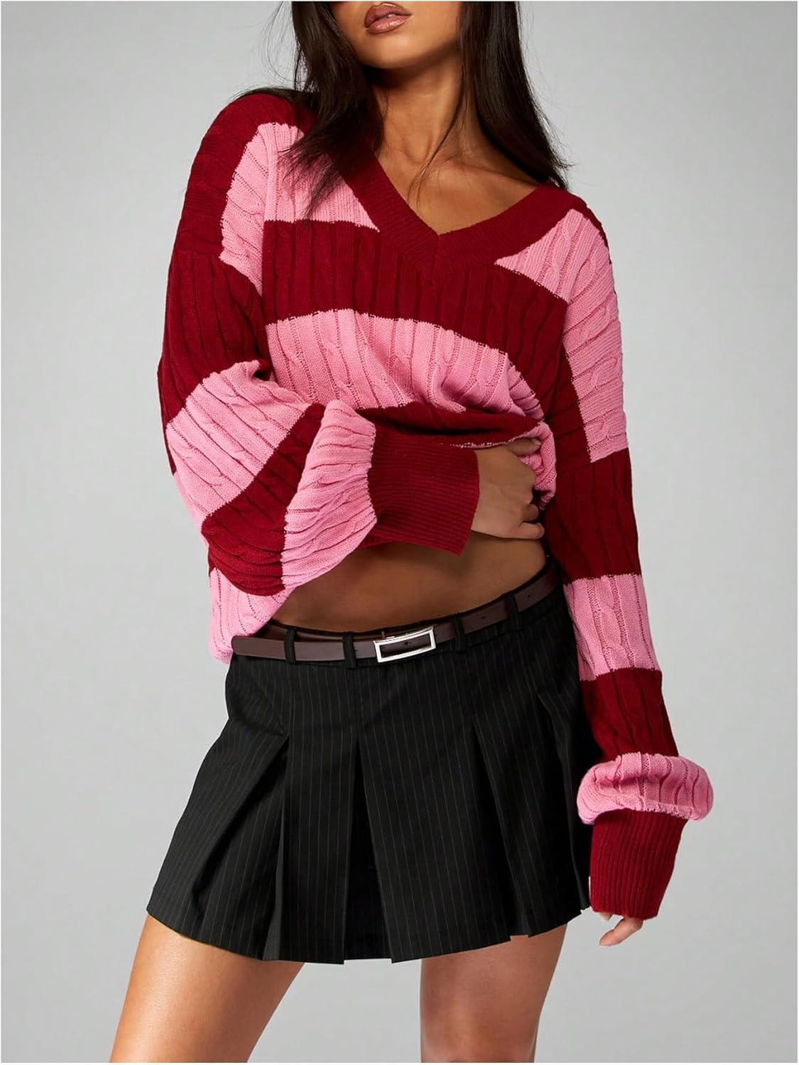 SHENHE Women's Oversized Striped Sweater V Neck Long Sleeve Preppy Cable Knit Pullover - Image 4