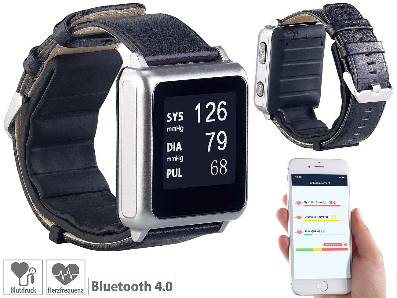 newgen medicals Medizinische Uhr: Medizinische Blutdruck-Armbanduhr mit Pumpe, E-Ink, Bluetooth & App (Uhr Blutdruck, Smartwatch, Gesundheitsuhr für Senioren mit Blutdruckmessung)