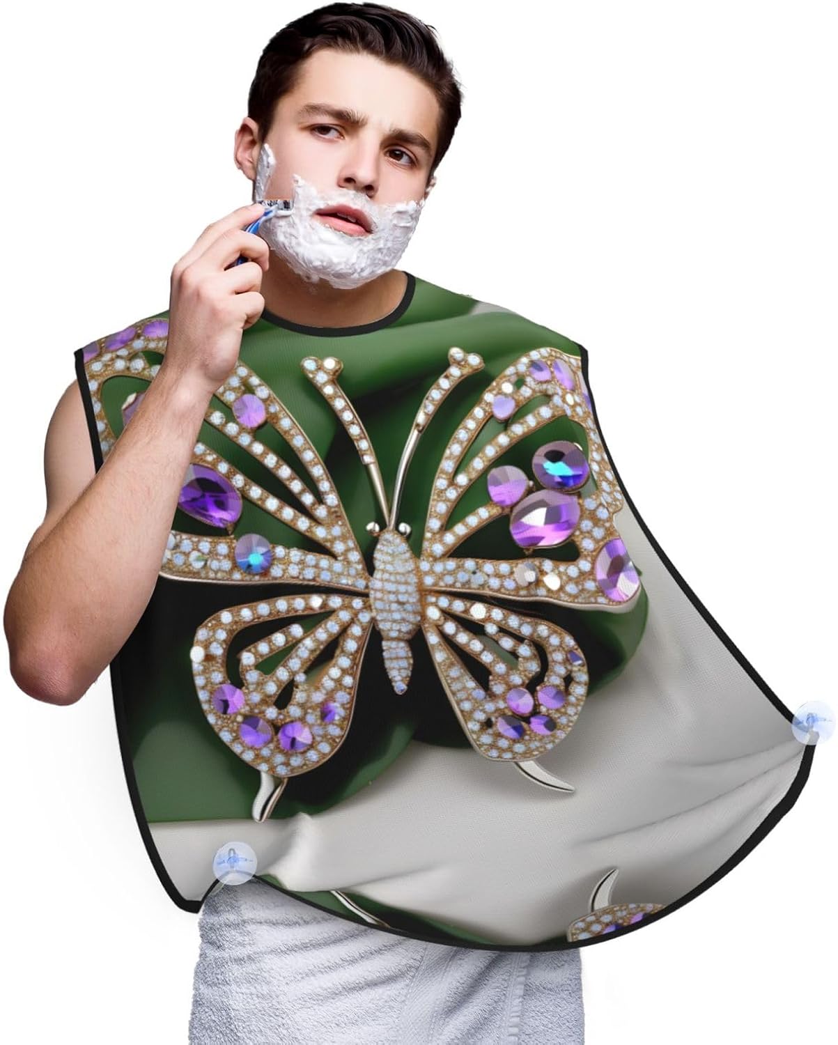 Rhinestone Butterfly Print Beard Bib Apron For Men, Beard Hair Catcher For Men Shaving Trimming,Beard Cape Cloth