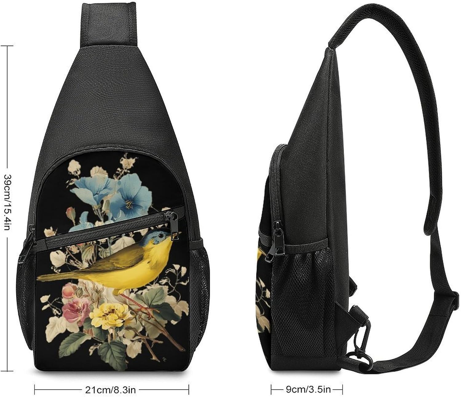 Warbler Bird on Flowers Crossbody Sling Backpack Chest Bag Daypack | unisex,trendy,with convertible and detachable shoulder strap,side pockets