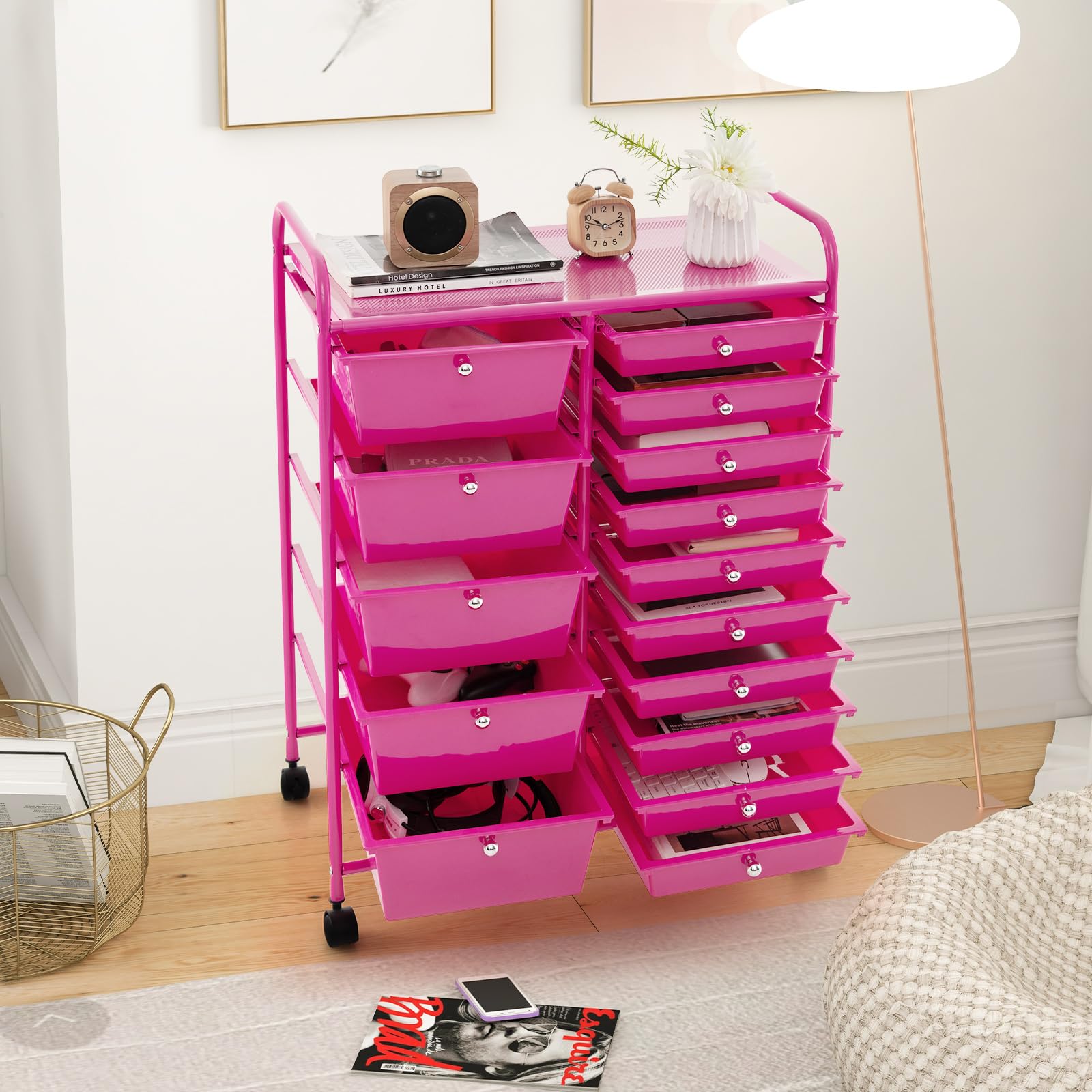 GIANTEX Carrelli Porta Oggetti, con 10+5 Cassetti Impilabili, 2 Ruote Bloccabili, Braccioli Metallici, Portabile e Pratico, per Ufficio, Studio, Cucina,Bagno, 5 Colori Disponibili, 62,5x37x87 cm