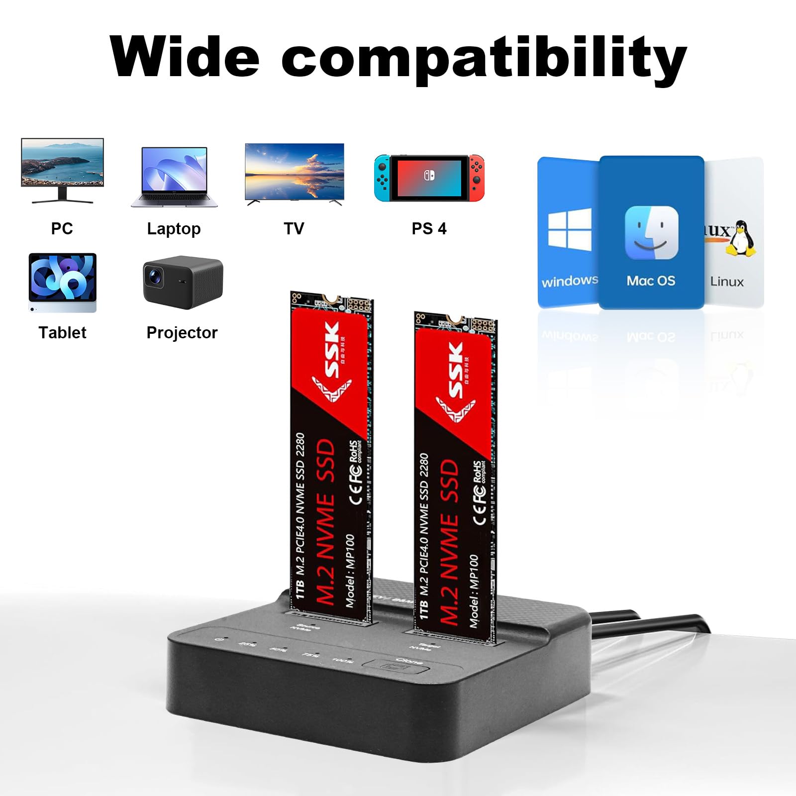 Stazione di docking per dischi rigidi a doppio vano con alloggiamento SSD NVMe M.2 20Gbps USB 3.2 Gen 2x2 con clonazione offline, docking station adattatore SSD NVMe M.2 senza utensili per SSD M Key/B