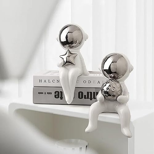 Miniatura 2 de Linxia Estatuilla decorativa de astronauta de cerámica para decoración del hogar, escultura coleccionable de astronautas de plata brillante, juego